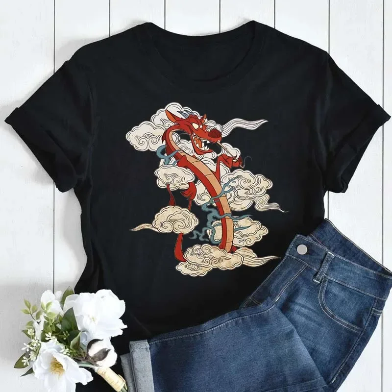 Disney-T-shirt à manches courtes imprimé Mulan pour femmes, esthétique Harajuku, décontracté, femme, vêtements College Mushu, nouvelle mode, été