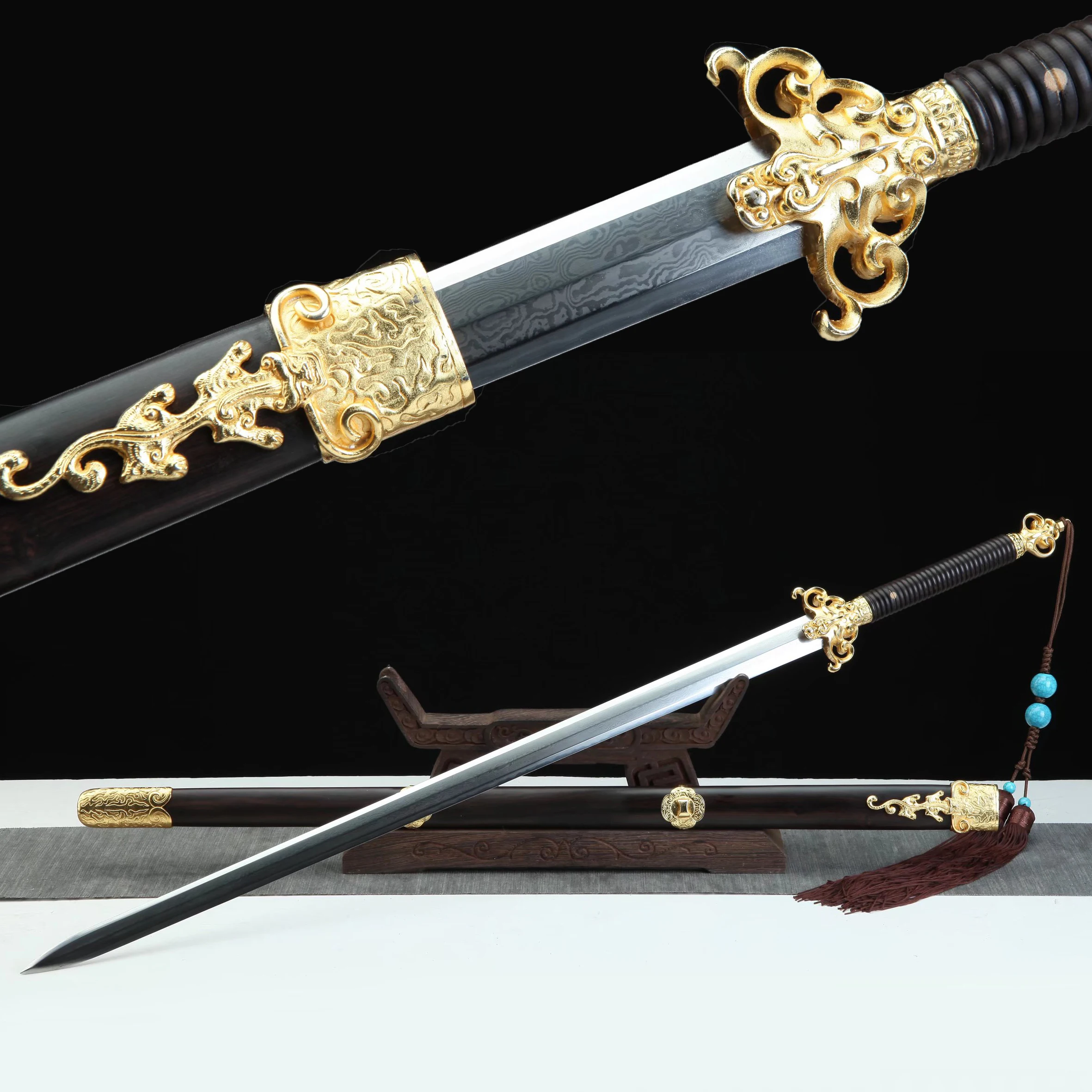 

107cm Medieval gold plated Fire Dragon Sword Imperial Holy Sword Damascus Steel sharp Kung fu martial arts weapon katana