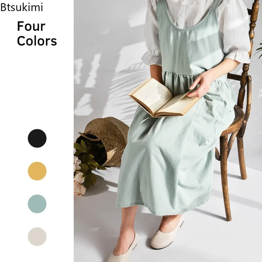 New Japanese Cotton Linen Aprons for Women with Pockets Cross Back Cute Apron Dress for Gardening Painting Baking and Cooking