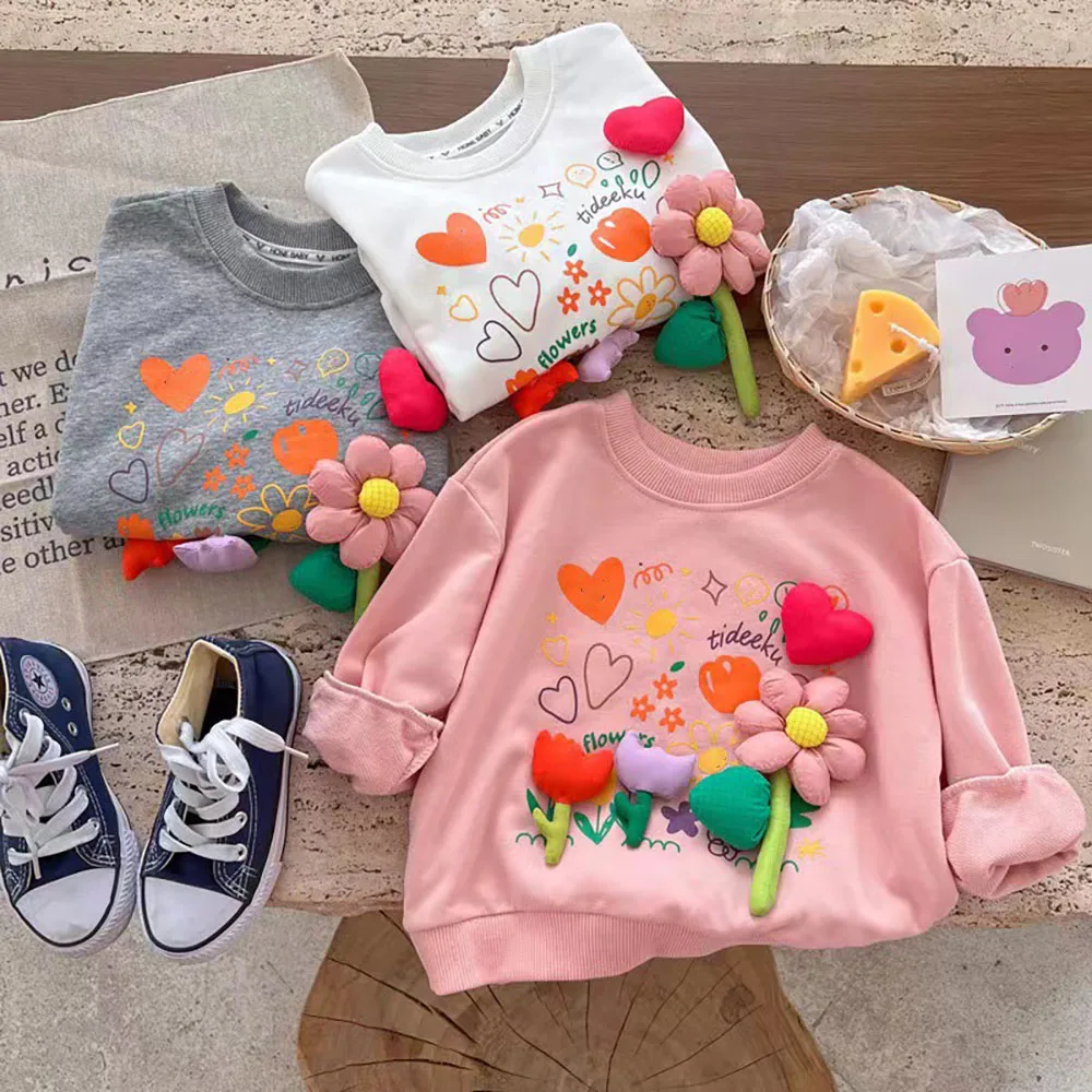 Cute Baby Girls Floral Pullover Sweatshirts Spring Autumn Korean Casual Long Sleeve O-Neck Shirt Kids Tops Children Clothes