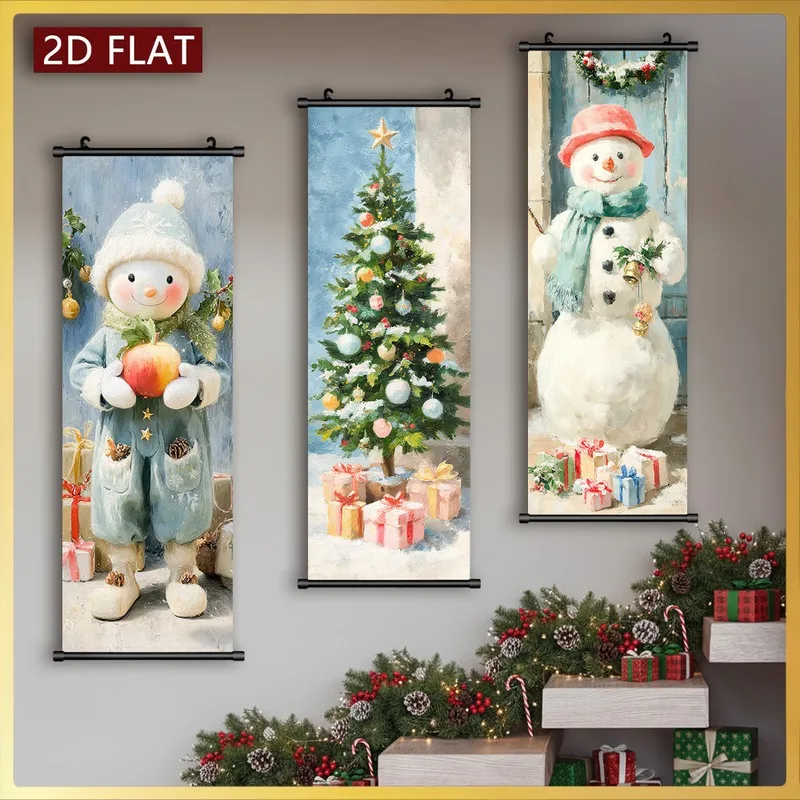 VIKAMA 3PCS Christmas Wall Hanging, Tree Candle Snowman Warm Neutral Scroll Banner for Xmas Living Room Decor