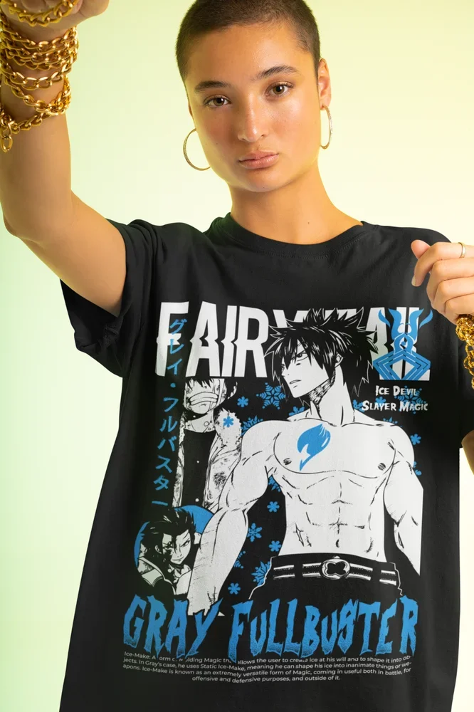 T-shirt gris Fullbuster Natsu, queue de fée Dragneel, chemise cadeau Anime pour fille, toutes tailles