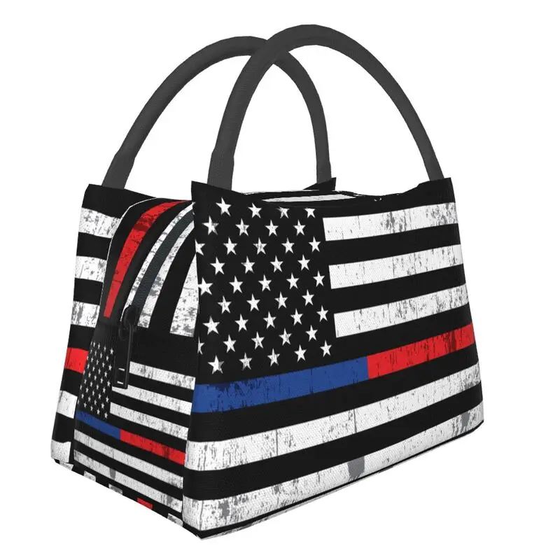 

Police And Firefighter American Flag Insulated Lunch Bag for School Office USA US Flag Resuable Thermal Cooler Lunch Box Women