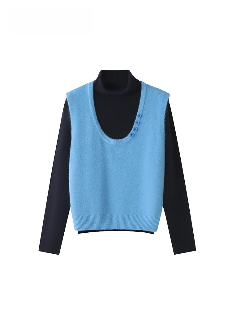 

Faionable plus Size High Ne Long Sve Sweater Women Spring Slimming Illusion Two Piece Top Korean Sle Commute Faion