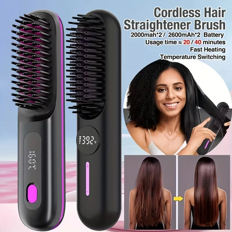 

Wireless Hair Straightener Brush - Fast, Constant Temperature Control, LED Display, for Home & Travel, USB Rechargeable