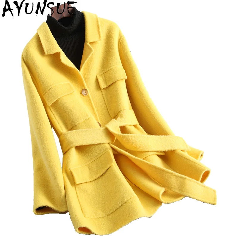 

Ayunsue Women's Wool Coat Women Clothes Double Face Cashmere Winter Jacket Mid-length Belted Female Overcoat Feminina Inverno