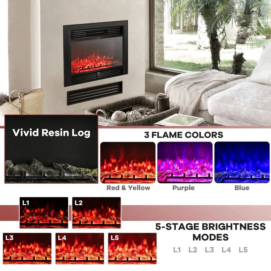 28.5 Electric Fireplace Insert, Wall Recessed Mounted, Freestanding Fireplace with Remote Control, 3 Color Adjustable Flames, 2