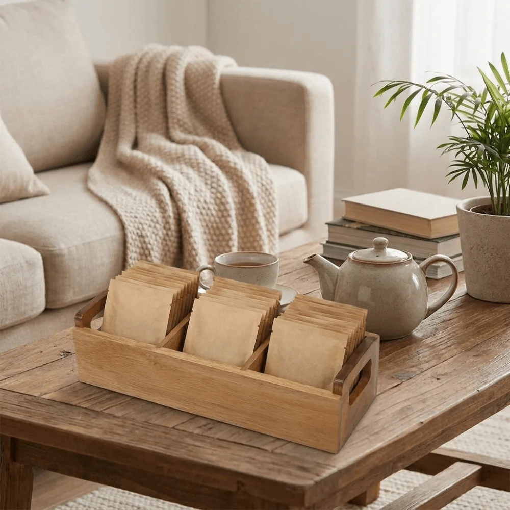 Practical Wooden Tea Bag Storage Box 3 Slots Dual Side Handles Tea Bag Holder Large Capacity Sugar Packet Storage Box Tea Room