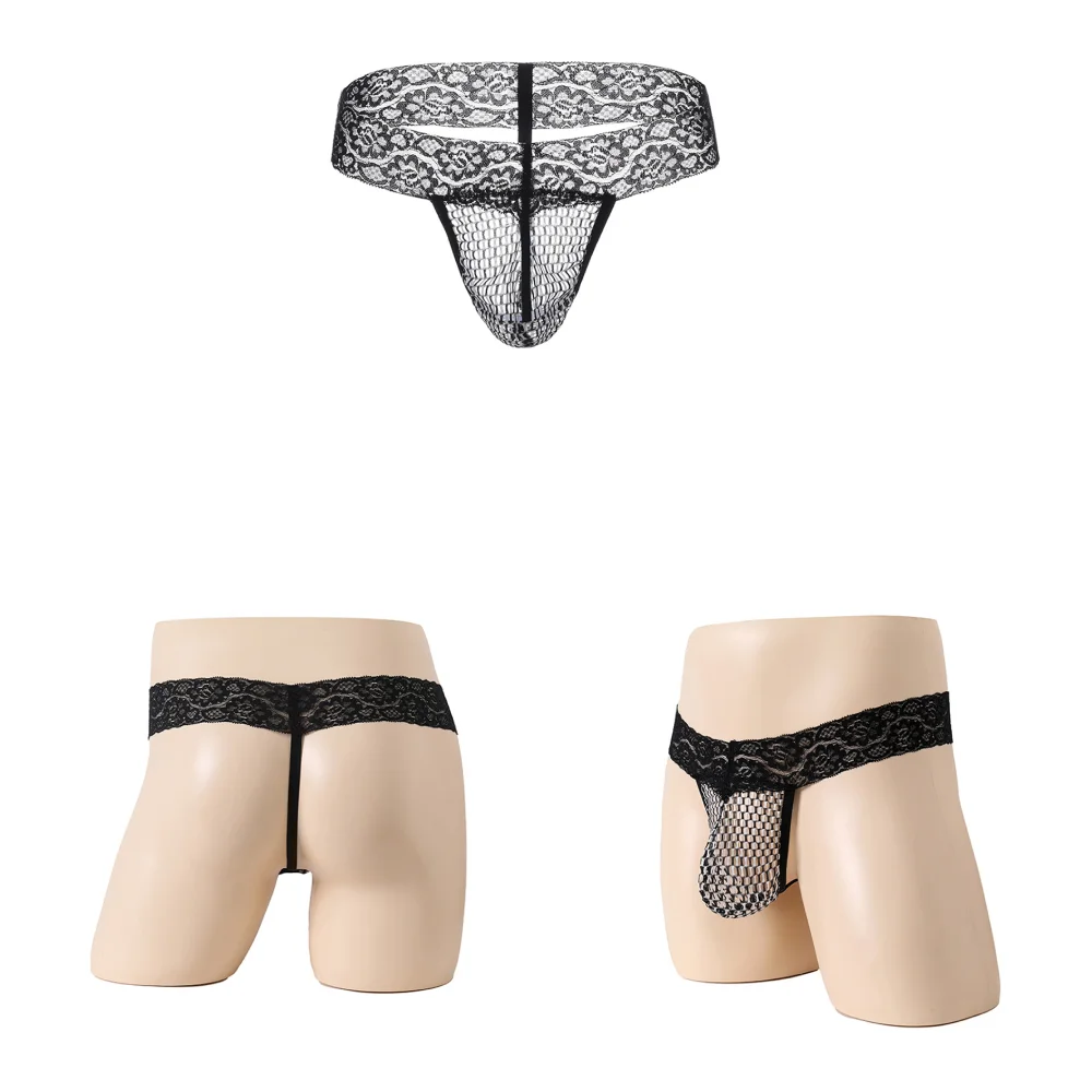 Comfortable Mens T-back G-strings Printed Lace Splicing Thongs Sheer Pouch Underwear T-panties Man Sexy Lingerie