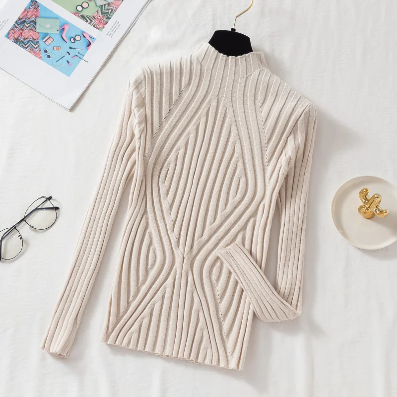 Autumn White Knitted Sweater Women Long Sleeve Office Lady Pullover Jumper Elegant Slim Solid Clothing Casual Soft Tops 17041