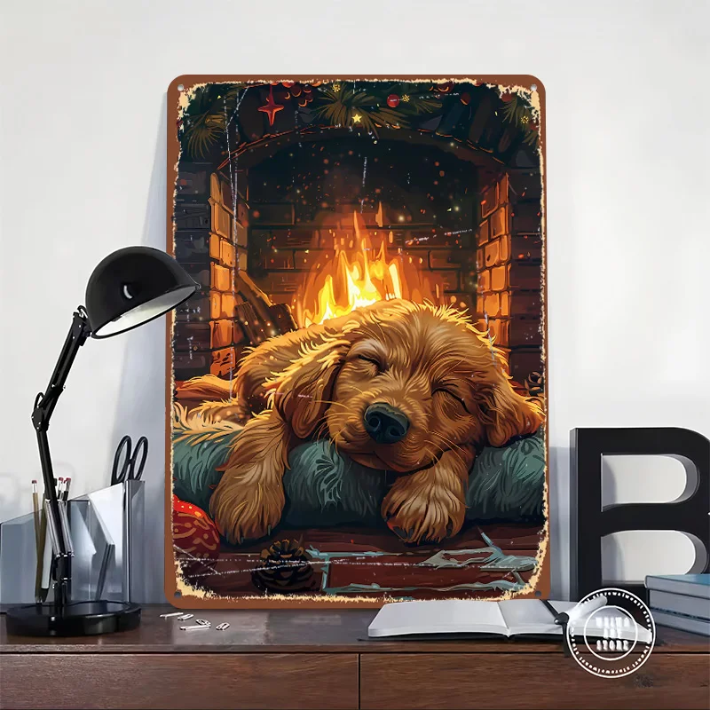 Dog Sleeping By Fireplace Tin Plaque Poster Customized Wall Art Retro Vintage Metal Signs for Room Home Decor Wand Deko House