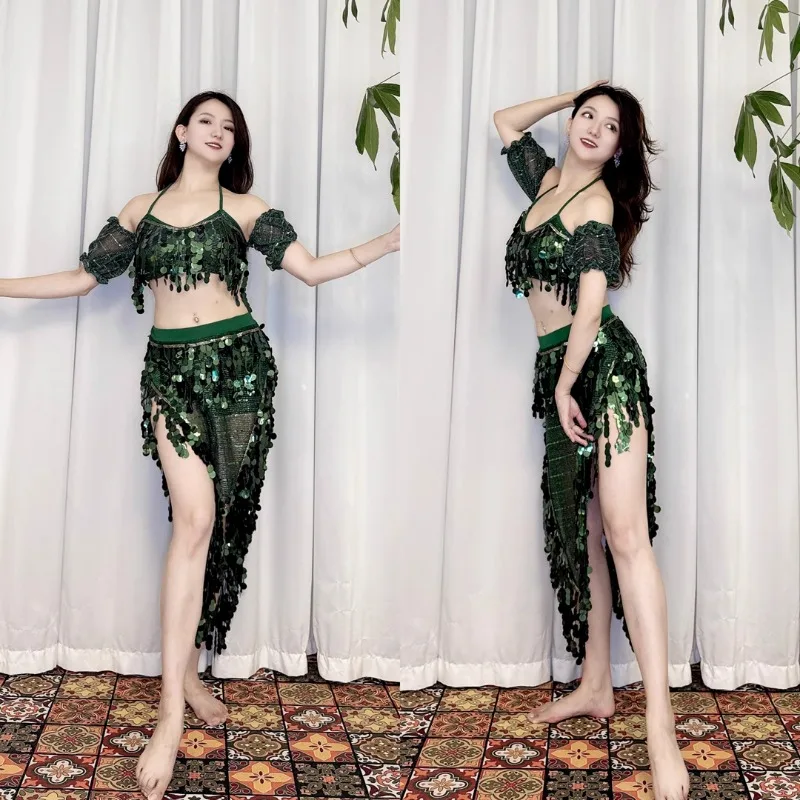 

Customized Belly Dance Costumes Practice Outfit Eastern Dance Clothes 2025 Dark Green Sequin Inspired Heavy Industry Set