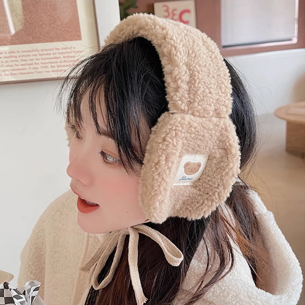 Korean Style Women Plush Earmuff Winter Warm Ear Warmer Cute Bear Adults Kids Lace Up Earmuffs Ear Cover Girls Sweet Scarf