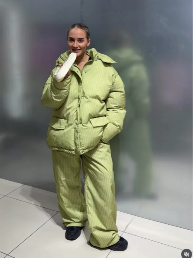 Women Ski Suit 2 Piece Set Striped Oversized Hooded Cotton Padded Coat Wide Leg Trousers Winter Warm Windproof Outfit Tracksuit