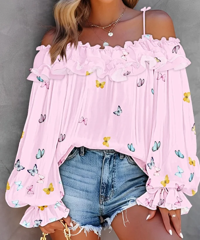 

Butterfly Print One Neck Off Shoulder Pleated Shirt with Casual Lantern Sleeves, Women's Summer Elegant Casual Loose Top