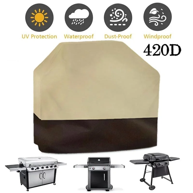 420D Oxford Cloth Outdoor BBQ Cover Waterproof Oven Cover Anti-Dust Beige Grill Cover Gas Charcoal Electric Protective Cover