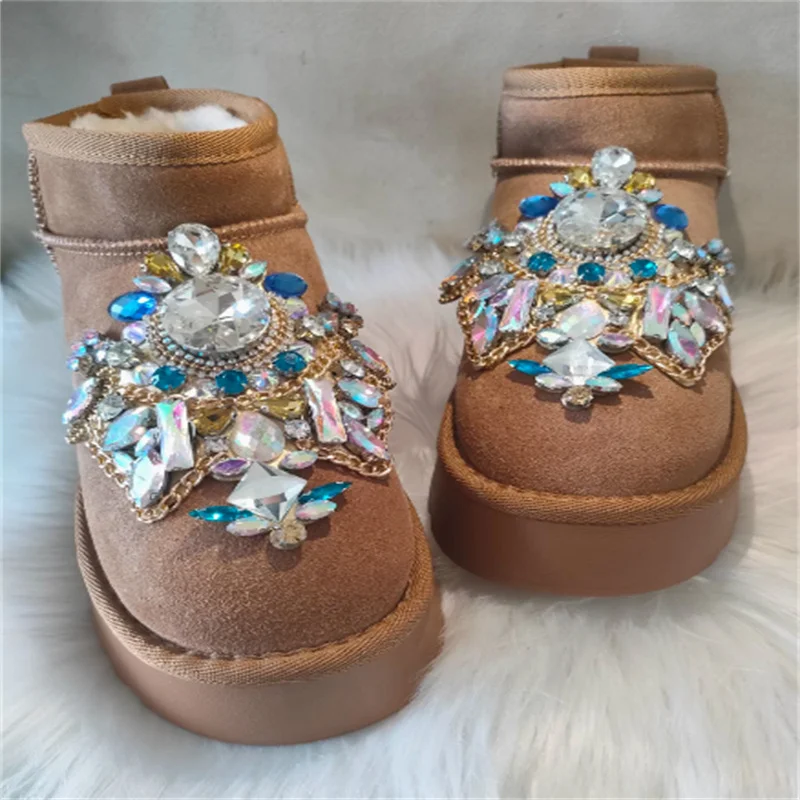 

Зимние сапоги с кристаллами и бусинами на цепочке с драгоценными камнями и мехом, женские ботильоны на толстой подошве ручной работы, утепленные хлопковые туфли 35-40