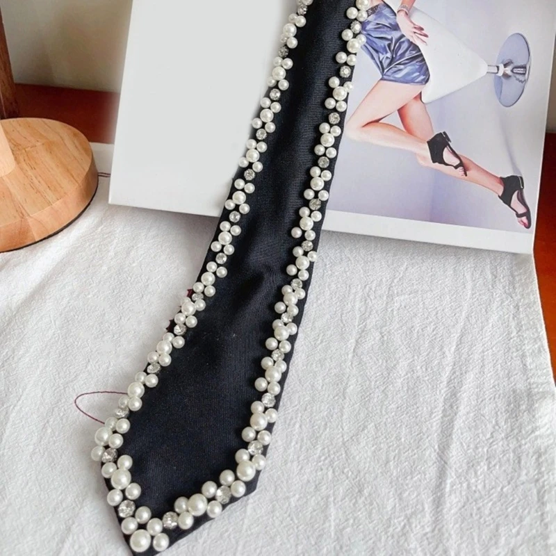 Elegant Handmade Pearls Decorated Neck Tie Adjustable Silk Pretied Necktie Neckwear for Formal Event Business Meeting