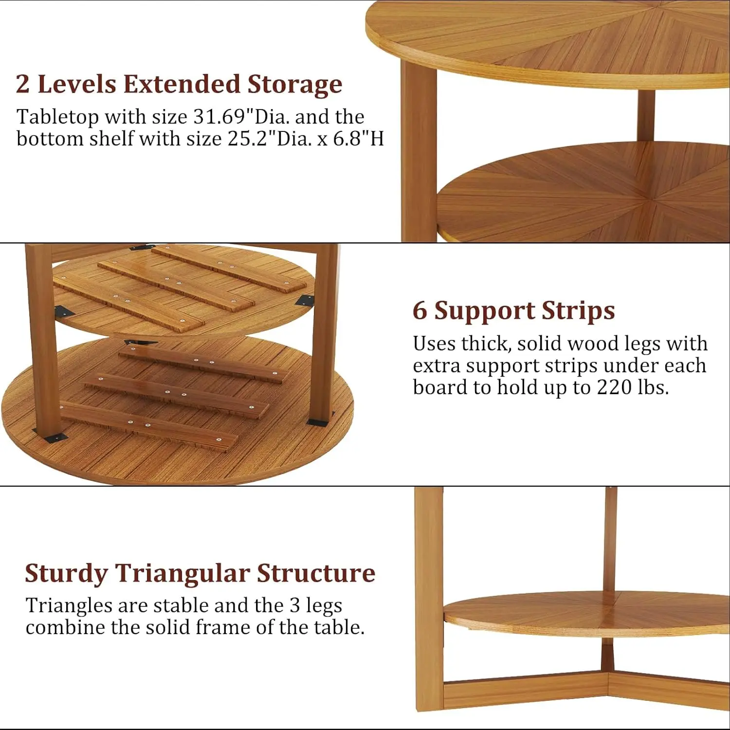 Yusong-Grande table basse ronde en bois massif de 31.7 pouces, table bohème circulaire à 2 niveaux avec rangement, pour salon et ferme