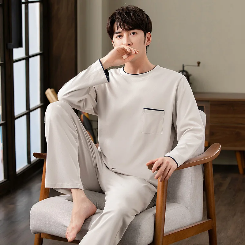 Spring And Autumn Pajamas Men\'s Long-Sleeved Long Trousers Pajamas Thin Cotton Autumn And Winter Models Of Leisure Homewear Suit