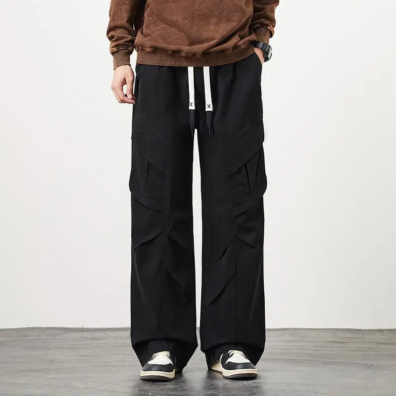 2026 Autumn Men's 100% Cotton Baggy Wide Leg Cargo Pants Multi‑Pocket Splicing Design Loose Straight Trousers Outdoor Streetwear