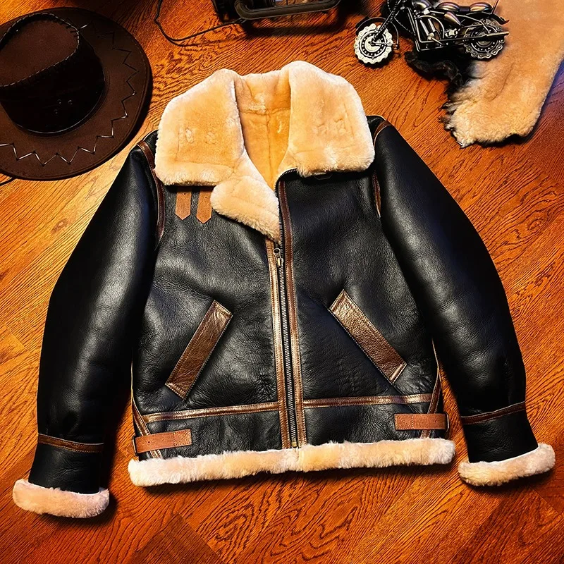 2024 New Winter Man B3 Original Fur Integrated Flight Suit Men\'s Lamb Leather Motorcycle Short Jacket Fur Coats Thick Clothing