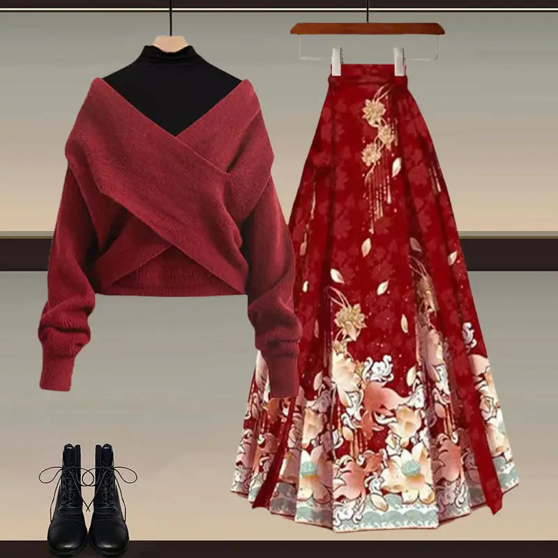 

New Chinese Sle Hanfu Women's Knitted Sweater Casual Cross Design Autumn 2025 New Faionable Midi Skirt by gujie