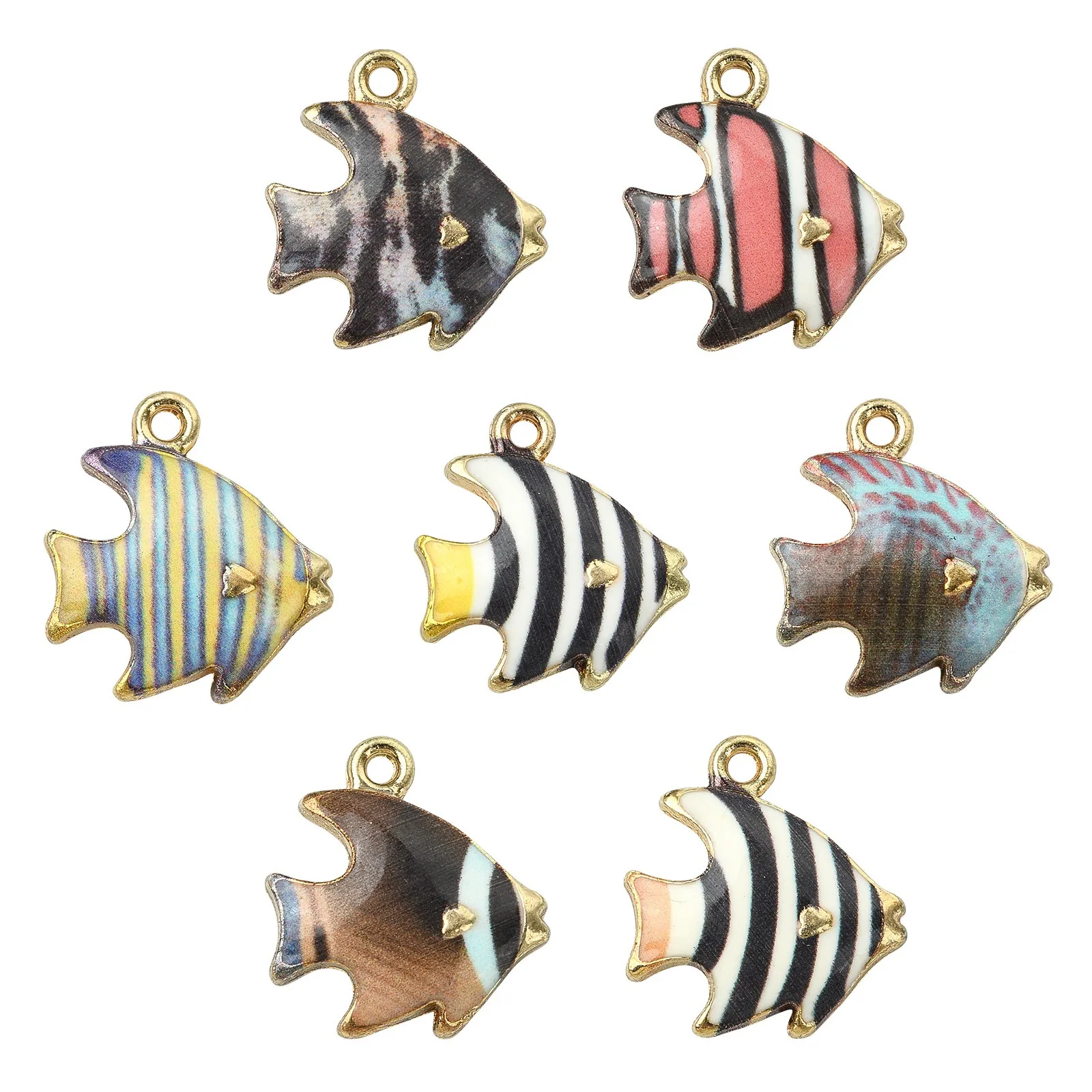 Pandahall 35Pcs 7 Styles Enamel Fish Charms Flower Printed Ocean Animal Charms Tropical Fish Enamel Charm Pendants for Jewelry M