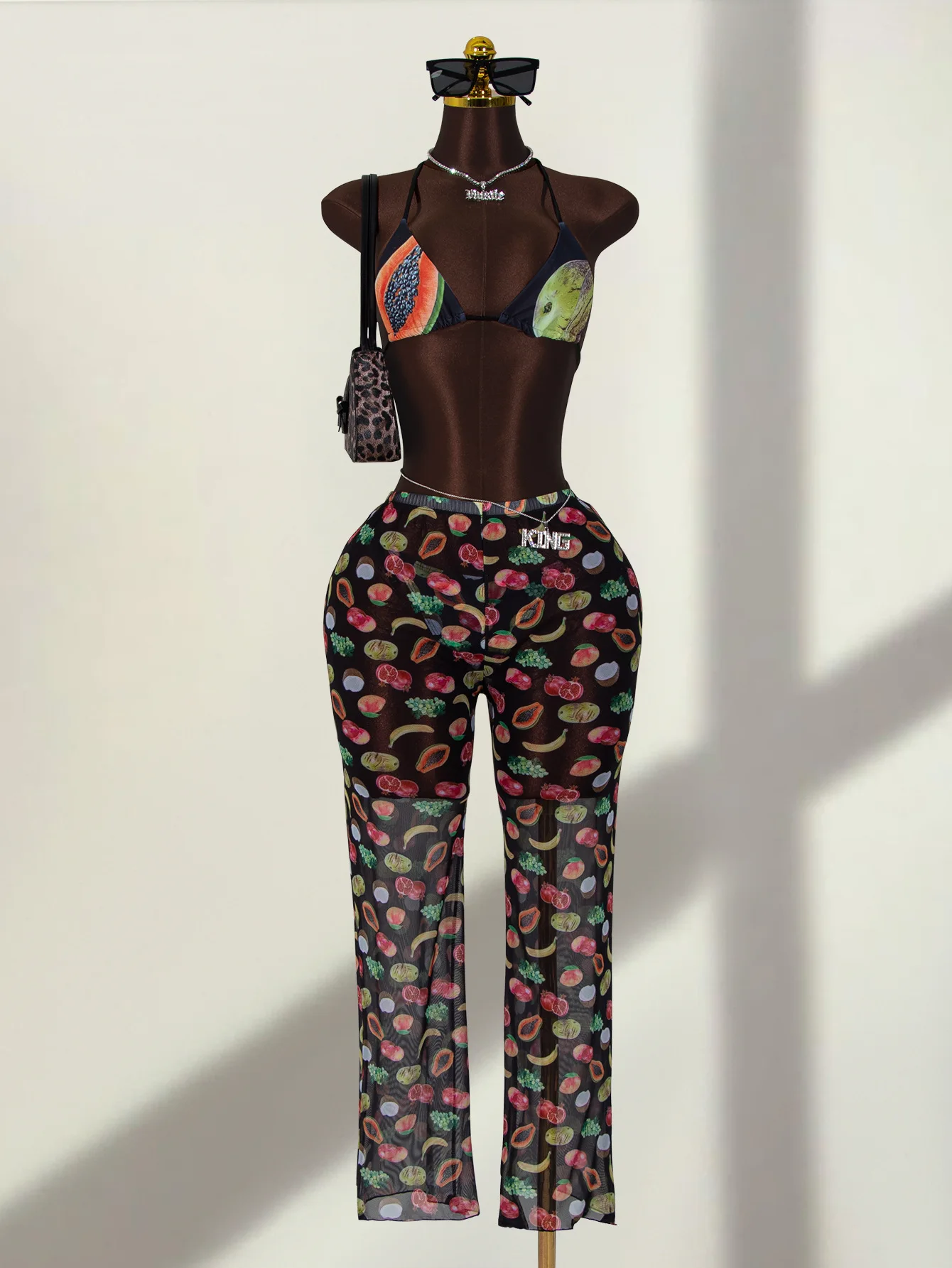 

Сексуальные купальники с принтом фруктов, комплект из 3 предметов: микро-бикини с завязками на шее, прямые длинные брюки, пляжная одежда, танкини.