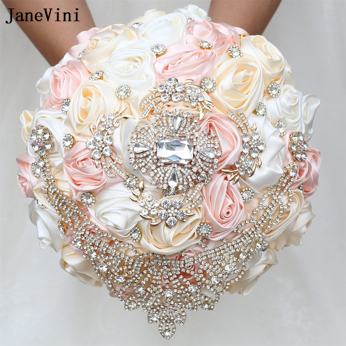 JaneVini Sparkly Golden Rhinestones Bridal Bouquets Artificial Pink Ivory Satin Roses Bride Bouquet Flowers Wedding Accessories