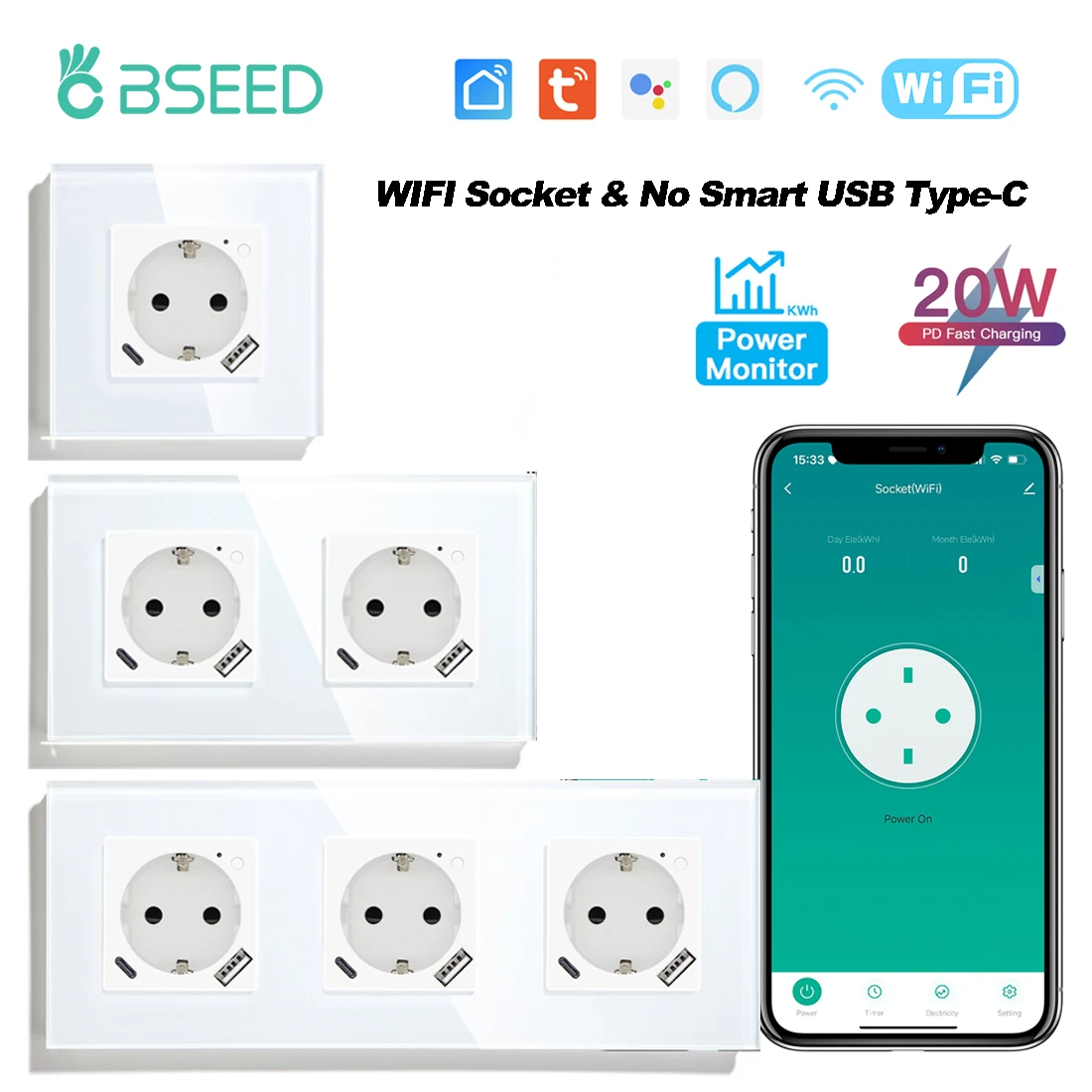 BSEED Smart Socket 20W Fast Charge USB Type-C Phone Charge Port WIFI Outlets Glass Panel Google Home Smart Life Alexa Control