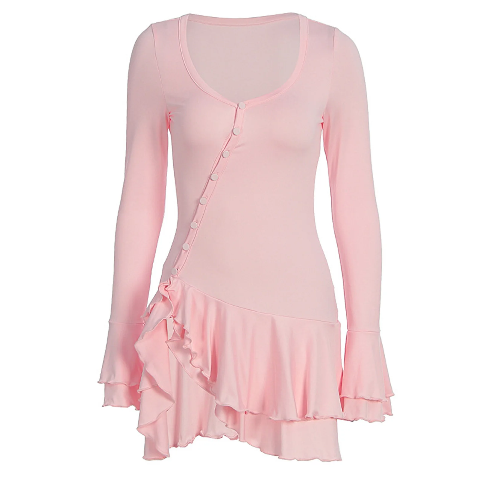 

Womens Dress Low Neckline Front Slant Button-down Long Sleeves Flared Cuffs Tiered Ruffled Hem Mini Dress for Proms Party Dress