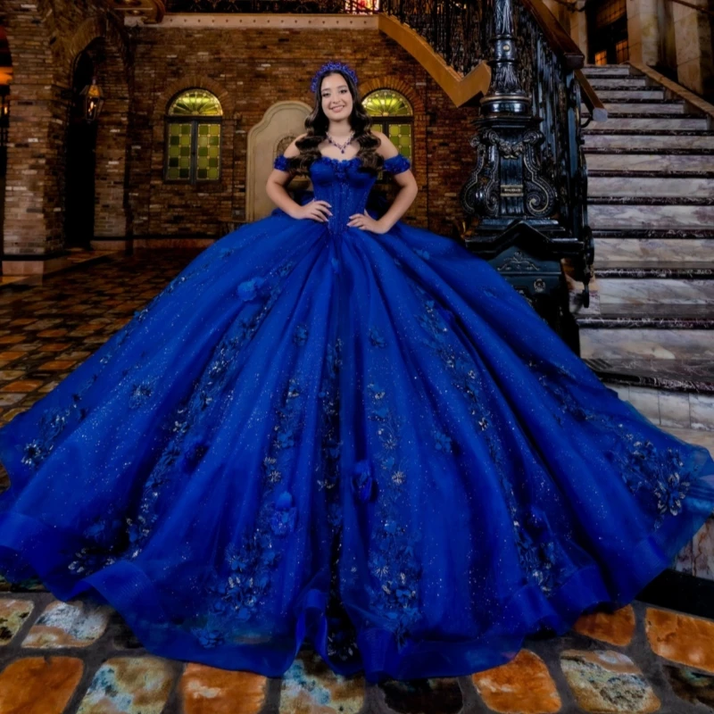 

Royal Blue Shiny Ball Gown Quinceanera Dresses Applique Flower Beads Bow Tull Corset Off Shoulder Sweet 16 Dress vestidos 15 de