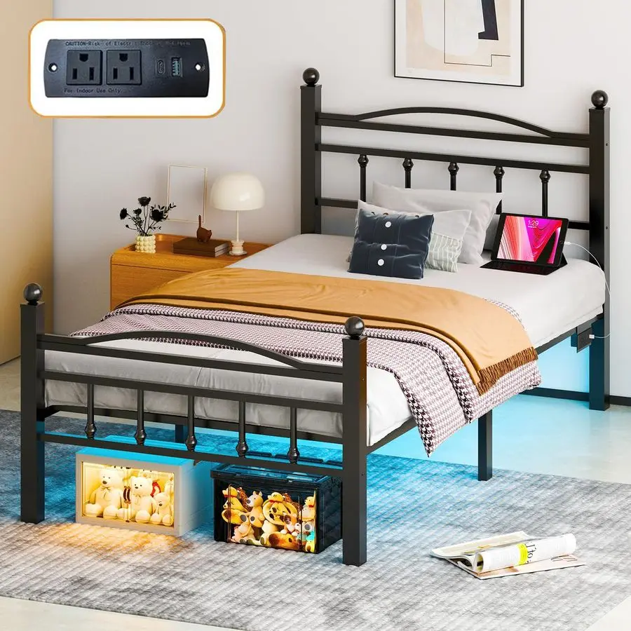 

Twin Bed Frames with Headboard, LED Bed Frame with Charging Station, Metal Platform, UnderBed Storage, No Box Spring Needed, No