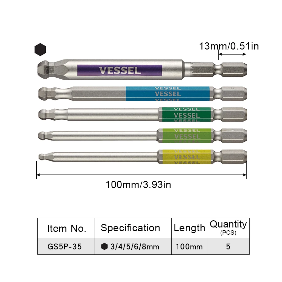 VESSEL GS5P Series 5Pcs Screwdriver Bit Set Strong Magnetic Bits 6.35mm Hex Bits Hand Tool Accessories GS5P-35 GS5P-36