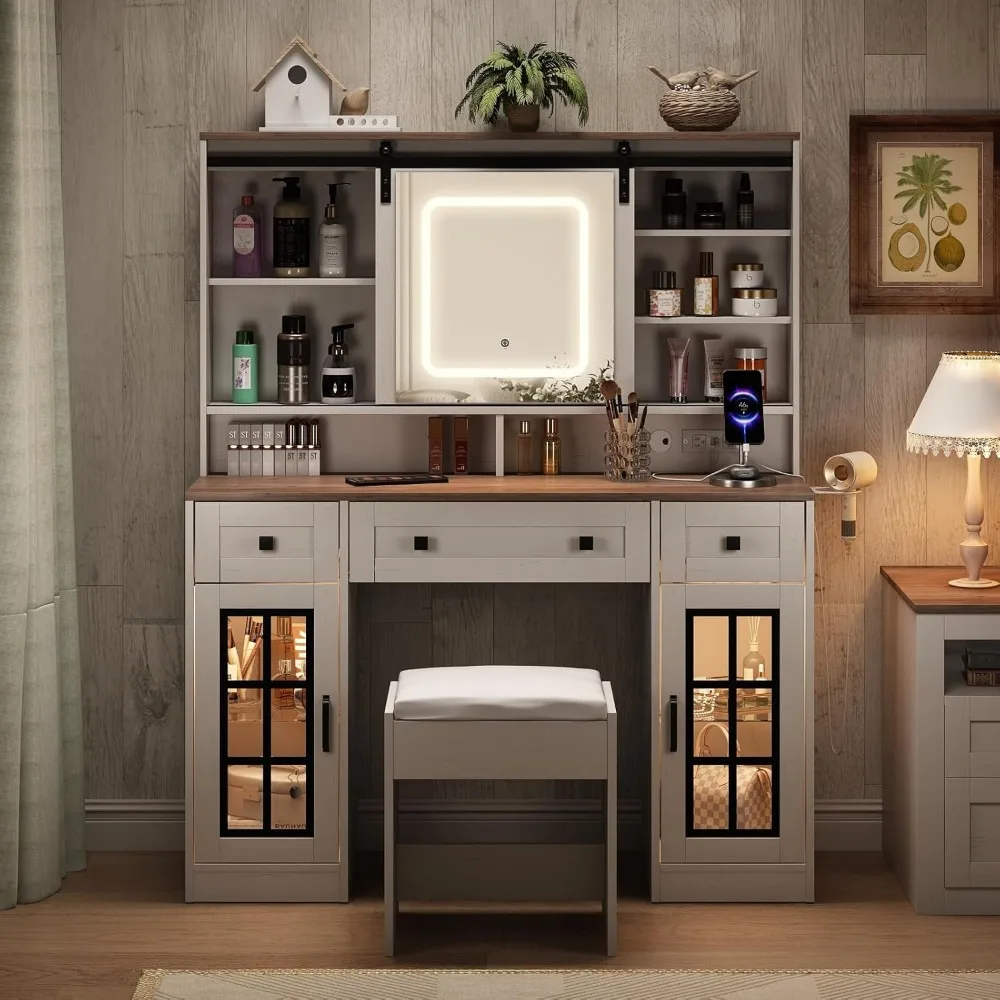 Vanity Desk 45.5'' Farmhouse Makeup  Sliding Mirror, Vanity Table  3 Drawers and 2 Cabinets, Charging Station & LED Lights