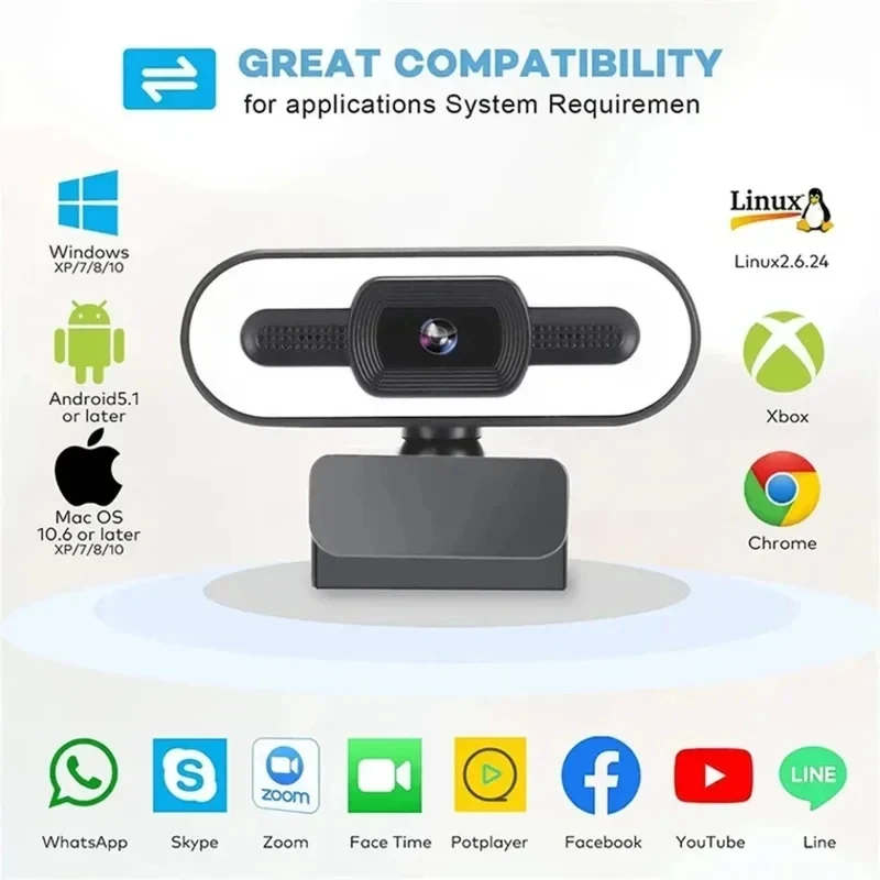 Portable Full HD 1080P 2K 4K Webcam PC Laptop Auto Focus Webcam Live Streaming Flexible with Microphone Live Broadcast withLight image 2