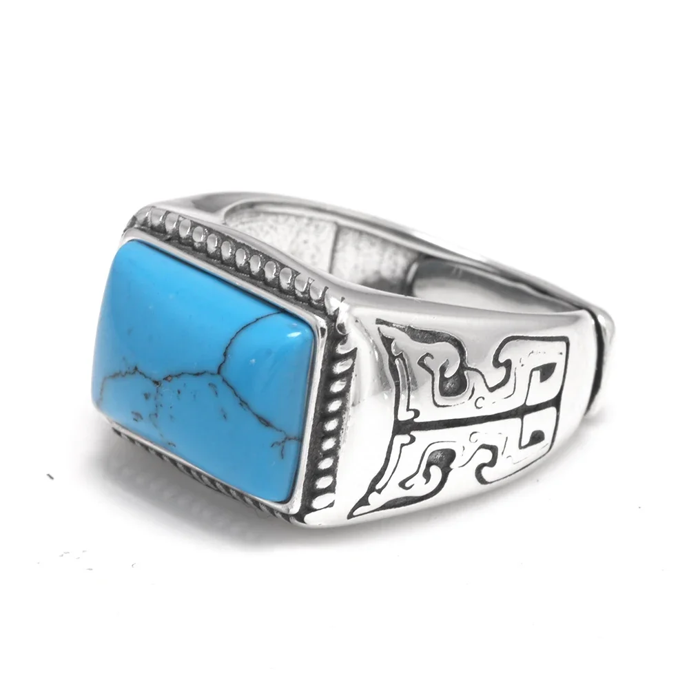 Genuine 925 Sterling Silver Rings For Men Inlaid Natural Turquoise Mens Ring Polygon Vintage Design Adjustable Turkey Jewelry