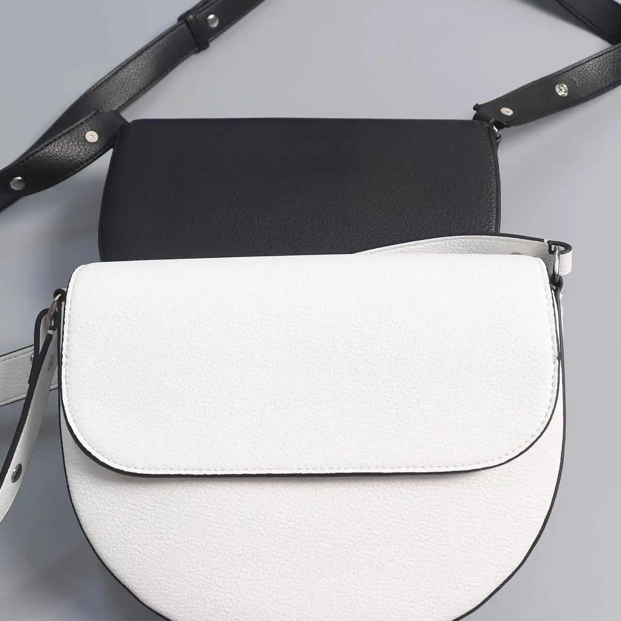 Simplified Metal Letter Flip Cover Women's Shoulder Bag Black Single Strap Crossbody Saddle Bag Fashionable Leather Handbag