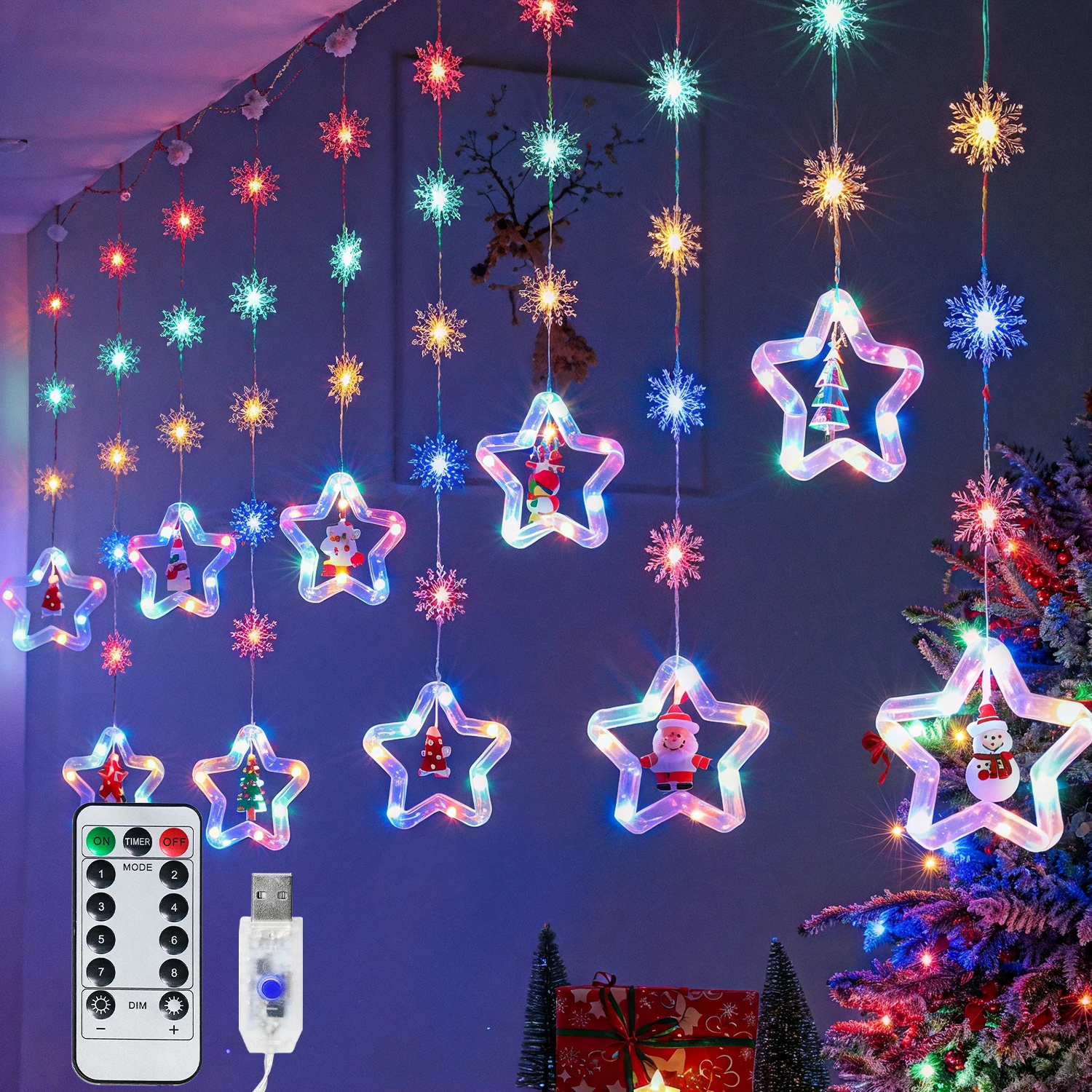 3M LED عيد الميلاد سلسلة أضواء USB بالطاقة سانتا كلوز ستار الثلج الستار الجنية أضواء مع البعيد 8 طرق عيد الميلاد ديكور الحفلات