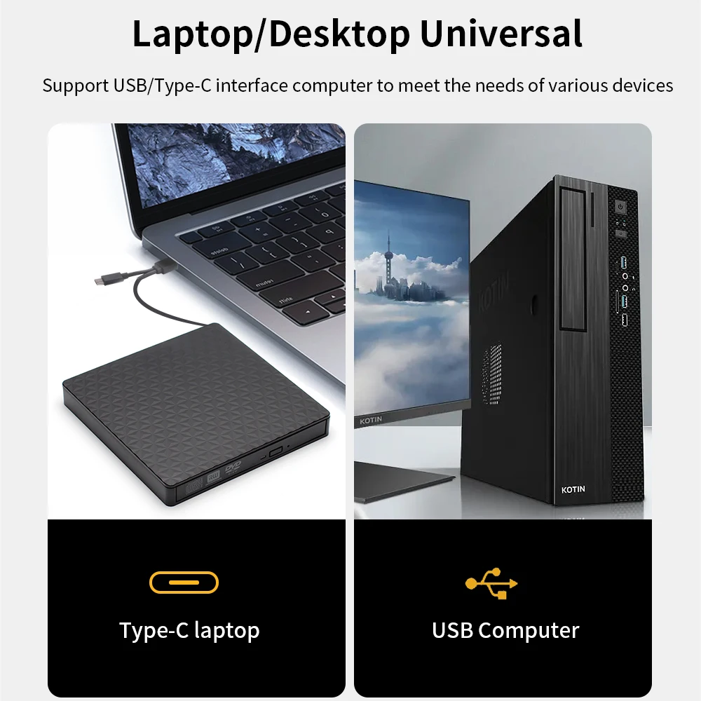 Внешний привод DVD CD TISHRIC, USB 3.0 Type C, кабель для CD, DVD, RW, записывающее устройство, оптический проигрыватель, совместим с ПК и ноутбуком
