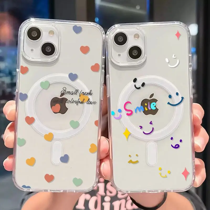シンプルなカラフルな愛 Y2K かわいい笑顔素敵な磁気電話ケース iphone 16 E 15 14 13 12 11 プロマックスプラスミニクリエイティブカバー