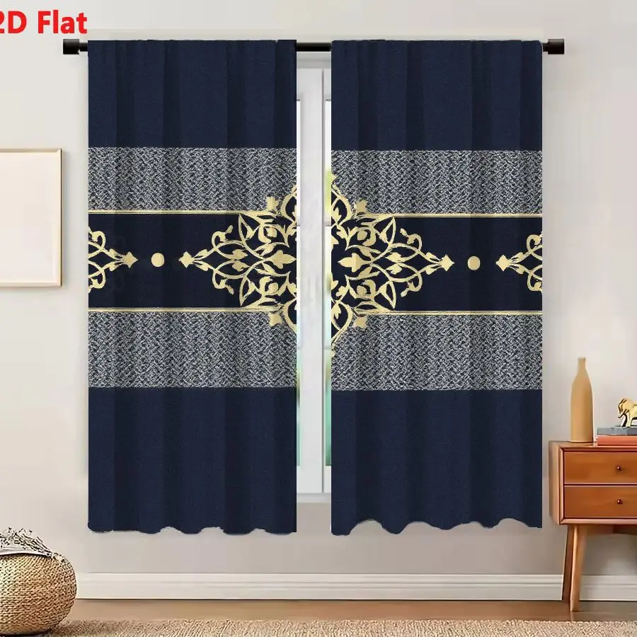 2Pcs Curtains 2D Flat Decorative Pattern With Navy Background Light Gray Textured Segments And Ornate Gold Floral Geometric Moti