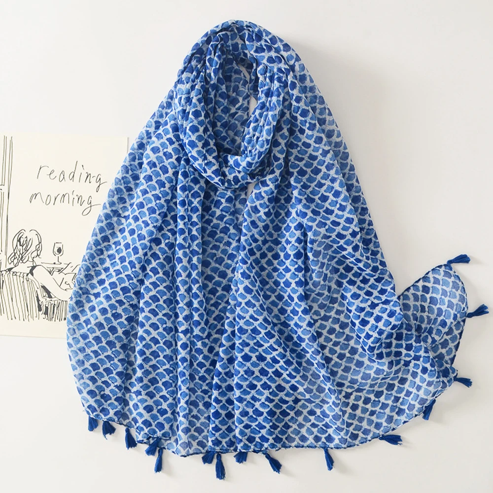 2024 New Fish Scale Print Tassel Scarf Shawls Long Fashion Foulard Scarves Hijab Wrap Free Shipping