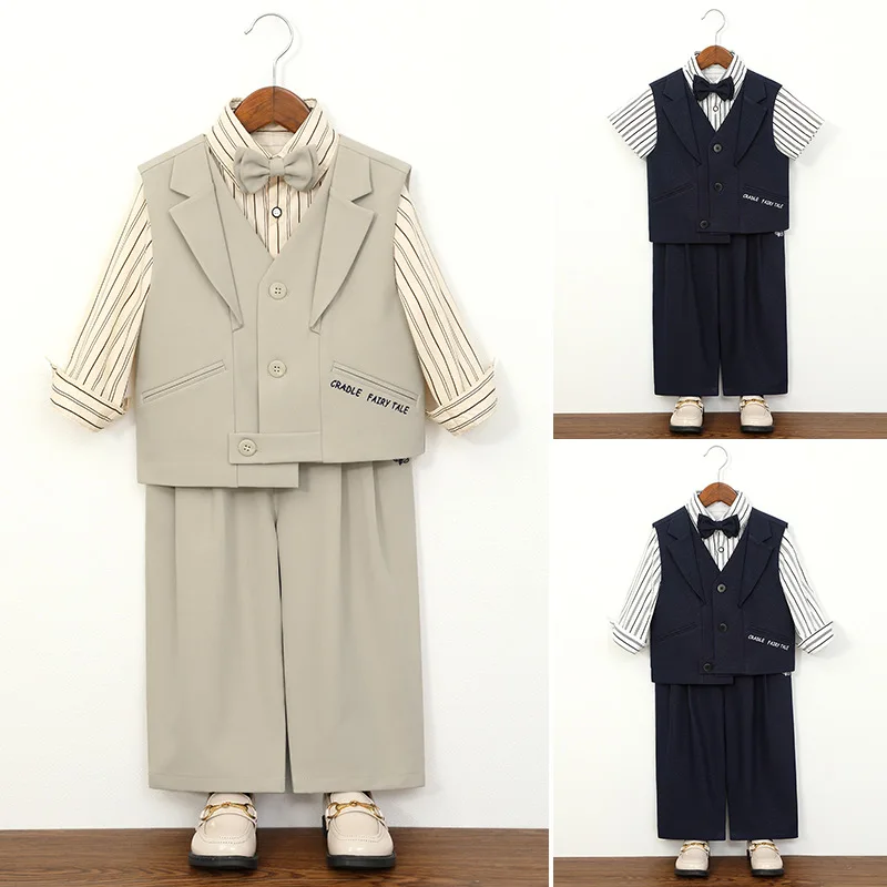 

School Boys Formal Suit Set Striped Shirt Vest Pants Kids Gentleman Outfit Wedding Birthday Party Pageant Graduation Dress Suit