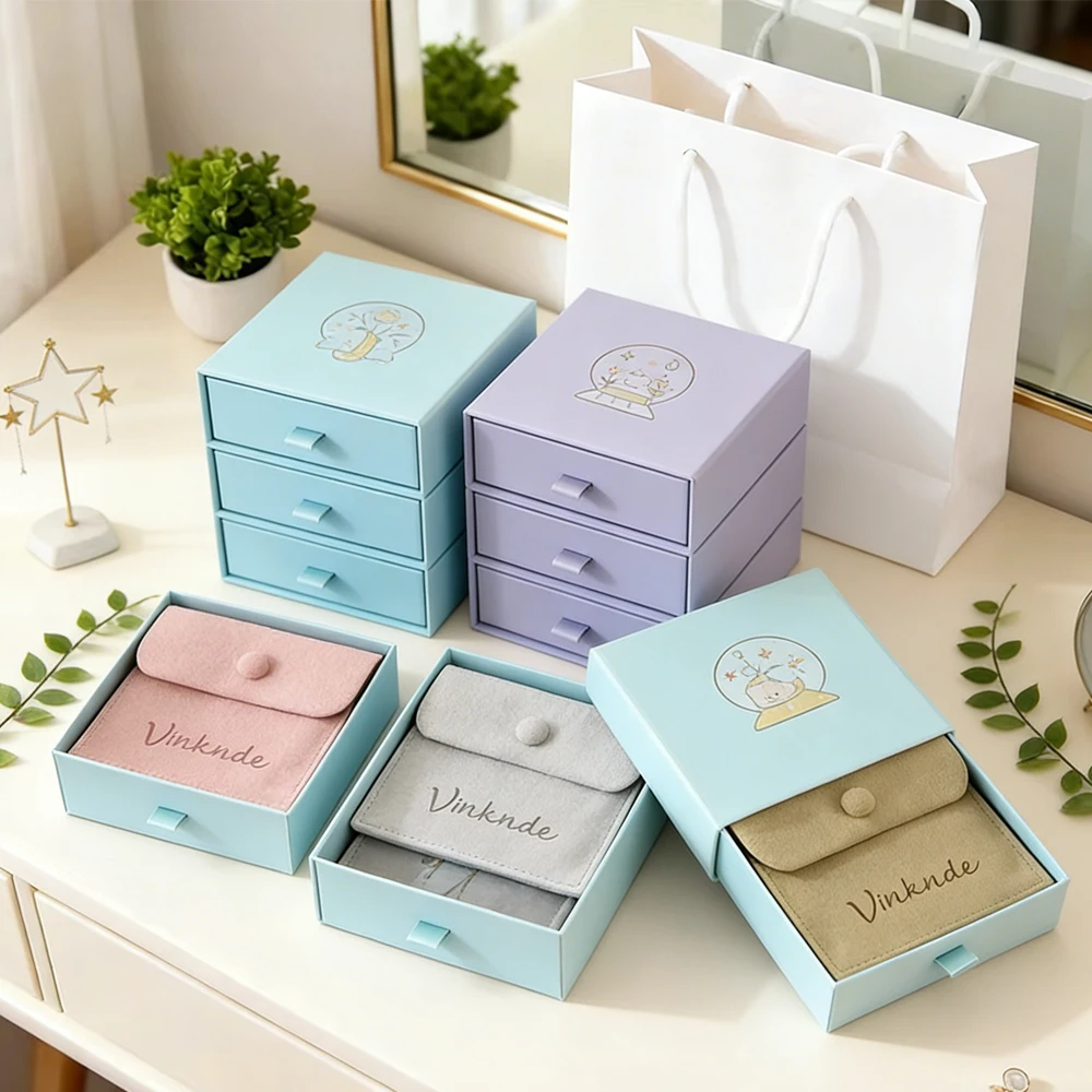 

Custom Logo Blue Jewelry Boxes Gift Box Necklace Package Slide Drawer Paper Box With Black Foam Microfiber Snap Button Bag Pouch