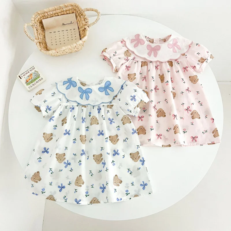 

Korean children's clothing, bow-knot embroidered floral collar girl's dress, summer style, bear print short-sleeve princess dres