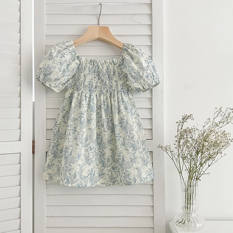 New Summer Clothes Baby Girls Princess Dresses Puff Sleeve Blue Flower Toddlers Vacation Kids Cotton Cute Dress Korean Style