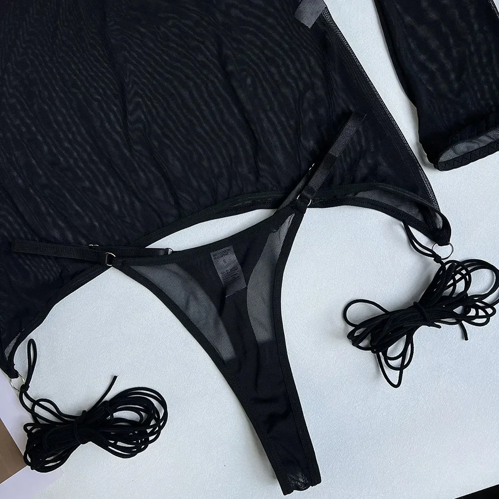 

Sheer Mesh Women Sexy Lingerie Set 4-Piece Erotic Solid Brief Underwer Nightwear