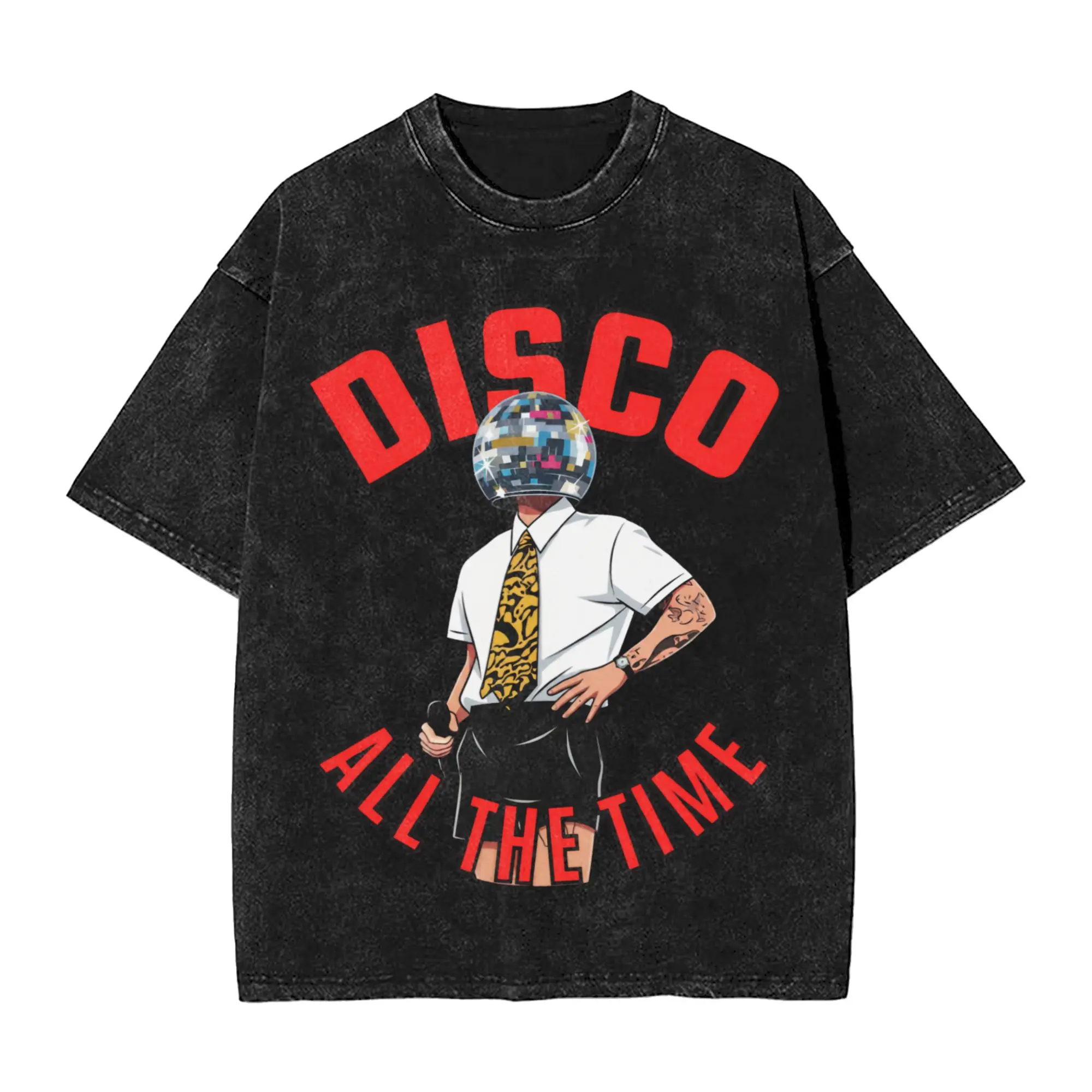 Vintage Washed T-Shirt Kiss All The Time Disco Cotton T-Shirts  Trending Tee Shirt for Mens Summer Y2K Basic Pattern Tops